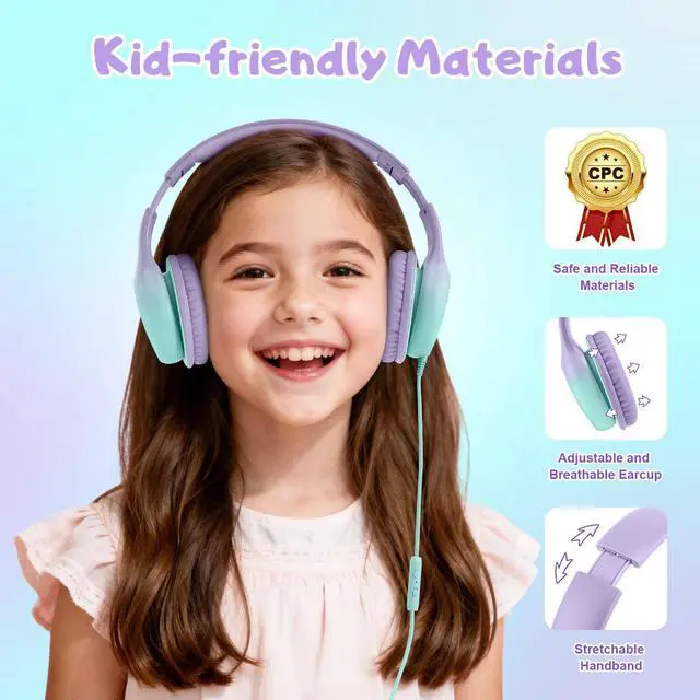 Alt view image 5 of 7 - USB Type C Kids Headphones, Wired Headphones for Kids with Microphone 85/94dB Volume Limit, Stereo Sound Portable Over Ear Headphones for School/Travel/Tablet/iPad, Green Violet