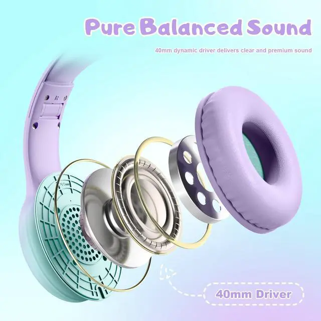 Alt view image 6 of 7 - USB Type C Kids Headphones, Wired Headphones for Kids with Microphone 85/94dB Volume Limit, Stereo Sound Portable Over Ear Headphones for School/Travel/Tablet/iPad, Green Violet