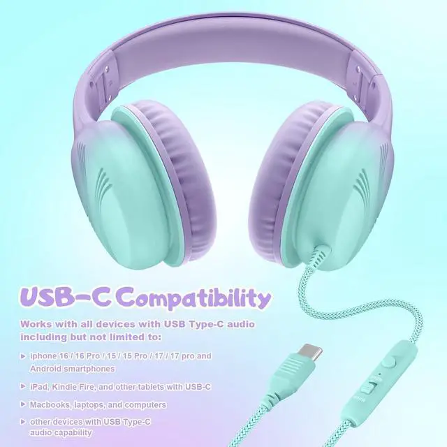 Alt view image 7 of 7 - USB Type C Kids Headphones, Wired Headphones for Kids with Microphone 85/94dB Volume Limit, Stereo Sound Portable Over Ear Headphones for School/Travel/Tablet/iPad, Green Violet
