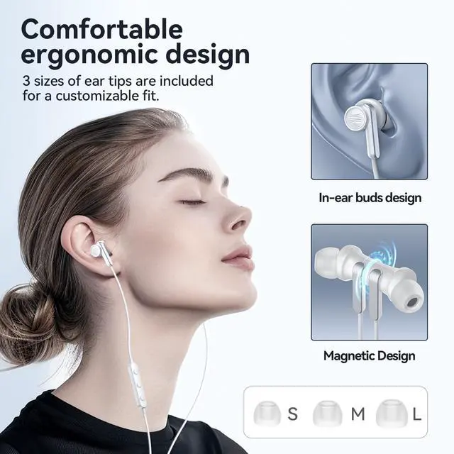 Alt view image 4 of 7 - USB C Headphone for Samsung S25 S24 S23 Ultra FE S22 A16 A55 A54 Wired Earbuds Magnetic in-Ear Type C Earphone with Microphone Volume Control Stereo Noise Canceling for iPhone 16 Pro Max Pixel 9 8a