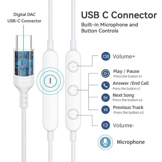 Alt view image 5 of 7 - USB C Headphone for Samsung S25 S24 S23 Ultra FE S22 A16 A55 A54 Wired Earbuds Magnetic in-Ear Type C Earphone with Microphone Volume Control Stereo Noise Canceling for iPhone 16 Pro Max Pixel 9 8a