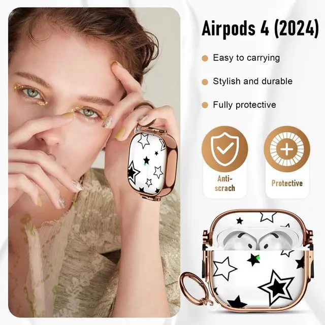 Alt view image 4 of 5 - for Cute AirPods 4 Case 2024 with Safety Lock,Compatible Black Five Pointed Star AirPod 4th Generation Case for Women Girly with Keychain-Transparent