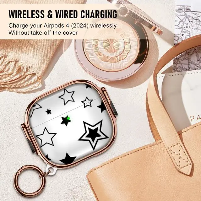 Alt view image 2 of 5 - for Cute AirPods 4 Case 2024 with Safety Lock,Compatible Black Five Pointed Star AirPod 4th Generation Case for Women Girly with Keychain-Transparent