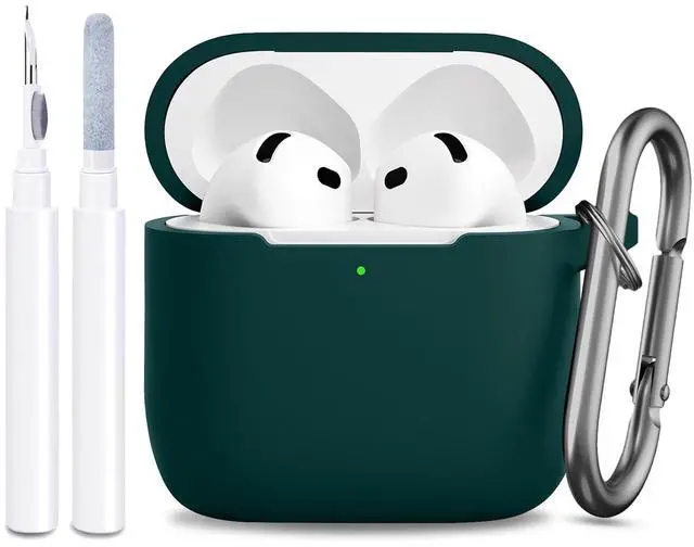 Main image of Compatible with AirPods 4th Generation Case Cover, Soft Protective Silicone Skin with Clean Kit Accessories for Apple AirPods 4 Gen 2024, Front Led Visible, Dark Green