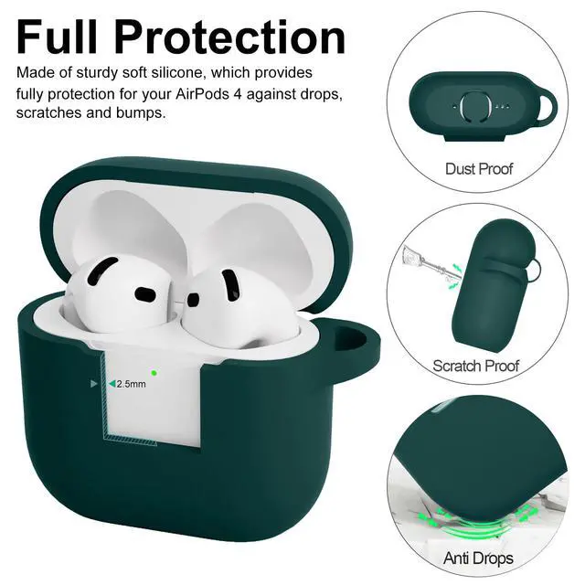 Alt view image 3 of 7 - Compatible with AirPods 4th Generation Case Cover, Soft Protective Silicone Skin with Clean Kit Accessories for Apple AirPods 4 Gen 2024, Front Led Visible, Dark Green