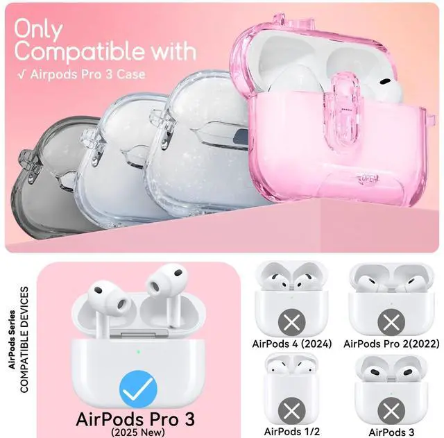 Alt view image 2 of 7 - for AirPods Pro 3 Case 2025 with Safety Lock,Clear Pink