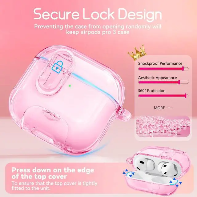 Alt view image 5 of 7 - for AirPods Pro 3 Case 2025 with Safety Lock,Clear Pink