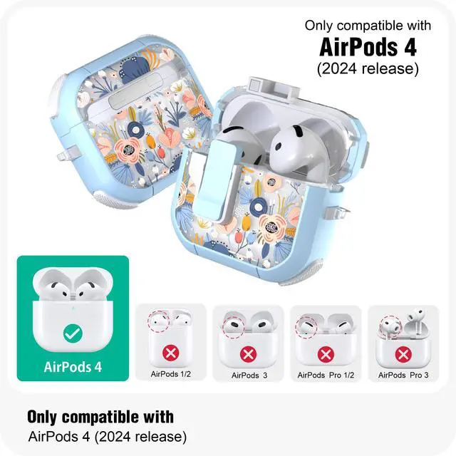 Alt view image 2 of 7 - Case for AirPods 4th Case Cover Secure Lock Automatic Snap Switch Clip Cleaner Kit Lanyard Women Stylish Flower Armour Hard Shell Full Body Front LED Visible (Blue, AirPods 4)