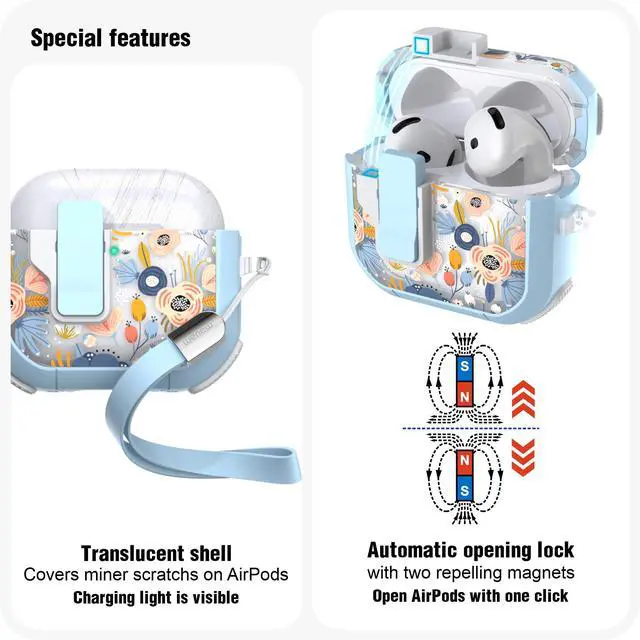 Alt view image 4 of 7 - Case for AirPods 4th Case Cover Secure Lock Automatic Snap Switch Clip Cleaner Kit Lanyard Women Stylish Flower Armour Hard Shell Full Body Front LED Visible (Blue, AirPods 4)
