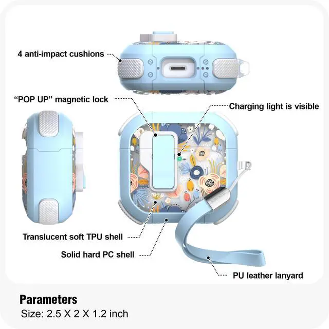 Alt view image 3 of 7 - Case for AirPods 4th Case Cover Secure Lock Automatic Snap Switch Clip Cleaner Kit Lanyard Women Stylish Flower Armour Hard Shell Full Body Front LED Visible (Blue, AirPods 4)