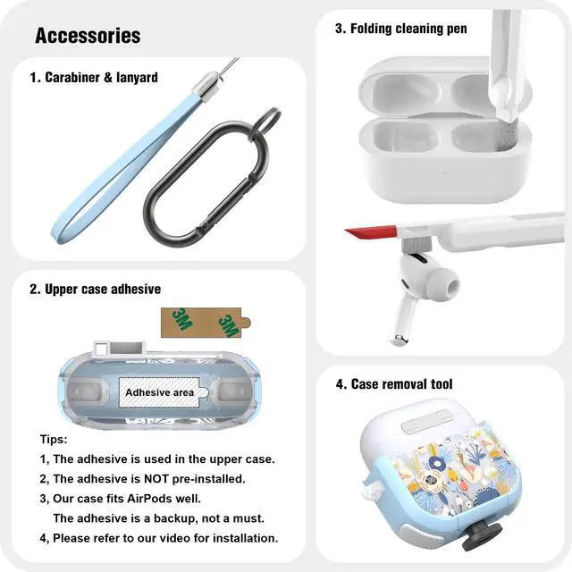 Alt view image 6 of 7 - Case for AirPods 4th Case Cover Secure Lock Automatic Snap Switch Clip Cleaner Kit Lanyard Women Stylish Flower Armour Hard Shell Full Body Front LED Visible (Blue, AirPods 4)