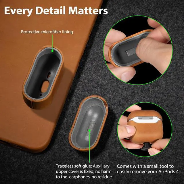 Alt view image 7 of 7 - Handcrafted Crazy Horse Leather Case for AirPods 4, Sunset Tan