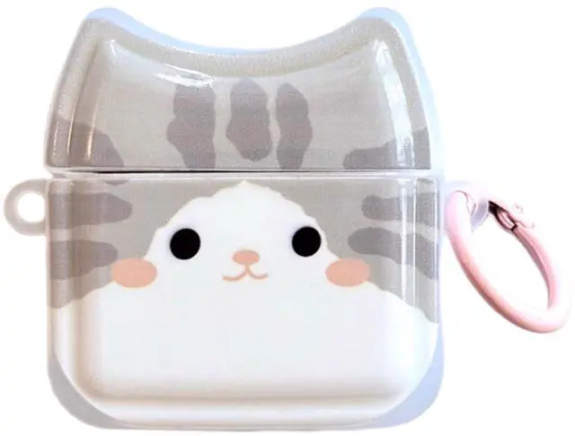 Main image of Smiling Grey Cat Earphone Case for AirPods 4, Cute Lovely Happy Cat Face Soft TPU Silicone Case, Kitty Ear AirPods 4 Cover Protective Skin Shockproof Protector for iPod Earbuds
