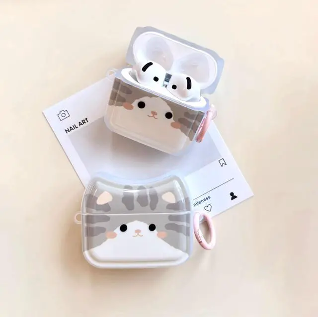 Alt view image 3 of 7 - Smiling Grey Cat Earphone Case for AirPods 4, Cute Lovely Happy Cat Face Soft TPU Silicone Case, Kitty Ear AirPods 4 Cover Protective Skin Shockproof Protector for iPod Earbuds