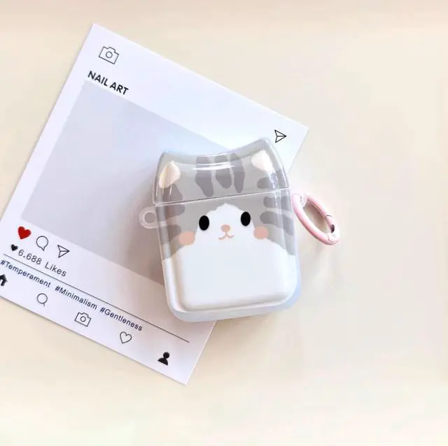 Alt view image 4 of 7 - Smiling Grey Cat Earphone Case for AirPods 4, Cute Lovely Happy Cat Face Soft TPU Silicone Case, Kitty Ear AirPods 4 Cover Protective Skin Shockproof Protector for iPod Earbuds