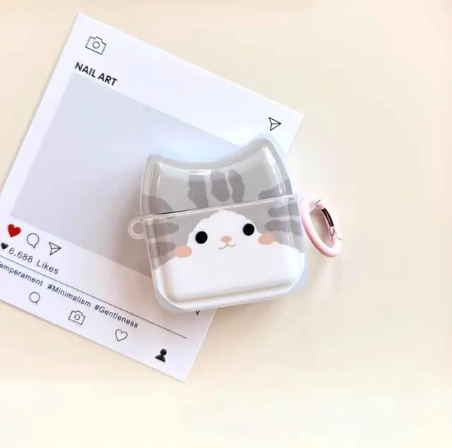 Alt view image 7 of 7 - Smiling Grey Cat Earphone Case for AirPods 4, Cute Lovely Happy Cat Face Soft TPU Silicone Case, Kitty Ear AirPods 4 Cover Protective Skin Shockproof Protector for iPod Earbuds