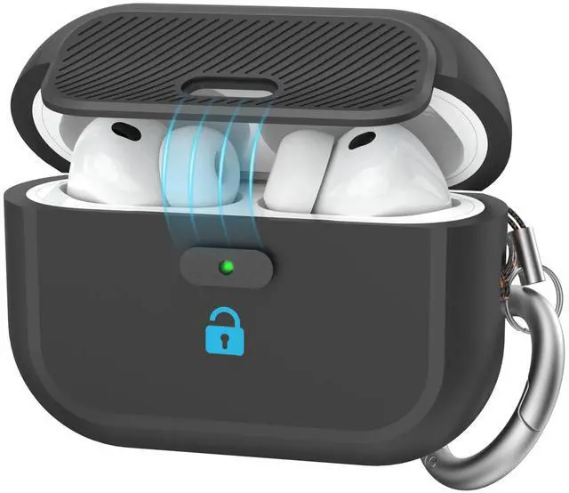 Main image of for AirPods Pro 3 Case with Lock, One-Piece Soft Silicone Cover for AirPods Pro 3rd Gen 2025, Anti-Drop Latching Case with Carabiner & Wireless Charging (Black)