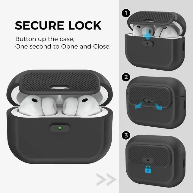 Alt view image 3 of 7 - for AirPods Pro 3 Case with Lock, One-Piece Soft Silicone Cover for AirPods Pro 3rd Gen 2025, Anti-Drop Latching Case with Carabiner & Wireless Charging (Black)