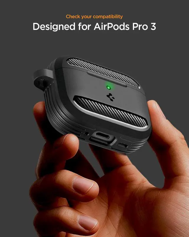 Alt view image 2 of 7 - Rugged Armor Designed for AirPods Pro 3 Case (2025) | TPU & PC Dual Layer Protection, Included Carabiner, Wireless Charging Compatible - Matte Black