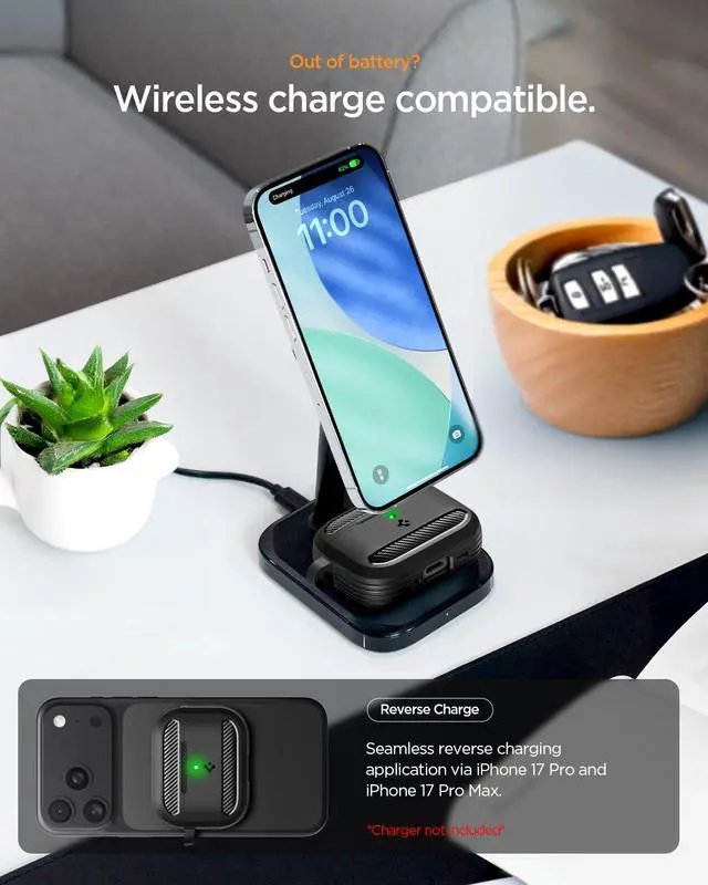 Alt view image 4 of 7 - Rugged Armor Designed for AirPods Pro 3 Case (2025) | TPU & PC Dual Layer Protection, Included Carabiner, Wireless Charging Compatible - Matte Black