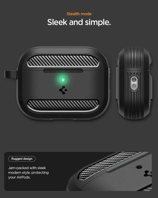 Alt view image 3 of 7 - Rugged Armor Designed for AirPods Pro 3 Case (2025) | TPU & PC Dual Layer Protection, Included Carabiner, Wireless Charging Compatible - Matte Black
