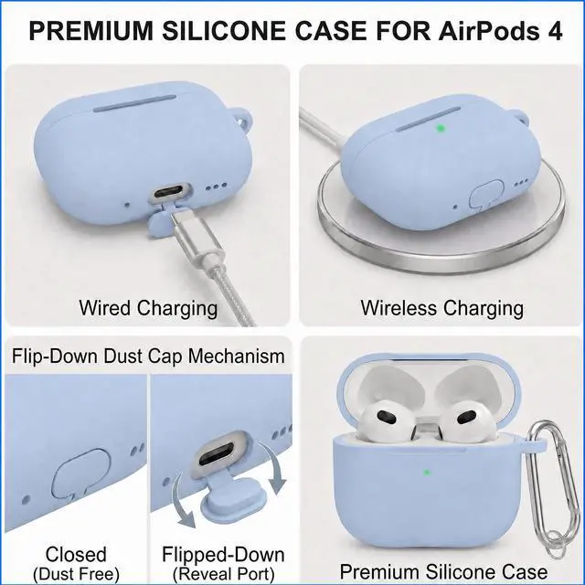 Alt view image 3 of 7 - for Airpods 4th Case Cover, Come with Cleaner Kit,Soft Skin Silicone Case Cover with Keychain, Full Protective Case for Men and Women, Compatible with AirPods 4th Generation Case,Sky Blue