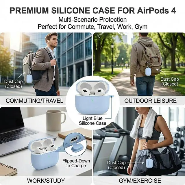 Alt view image 5 of 7 - for Airpods 4th Case Cover, Come with Cleaner Kit,Soft Skin Silicone Case Cover with Keychain, Full Protective Case for Men and Women, Compatible with AirPods 4th Generation Case,Sky Blue
