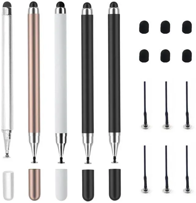 Main image of 5 Pcs Stylus Pen, 2-in-1 Stylus for Touch Screen, High Precision & Sensitivity, Fit for Phones & Tablets, with 6 Rubber Tips & 6 Disc Tips (White/Silver/Black/Rose Gold)