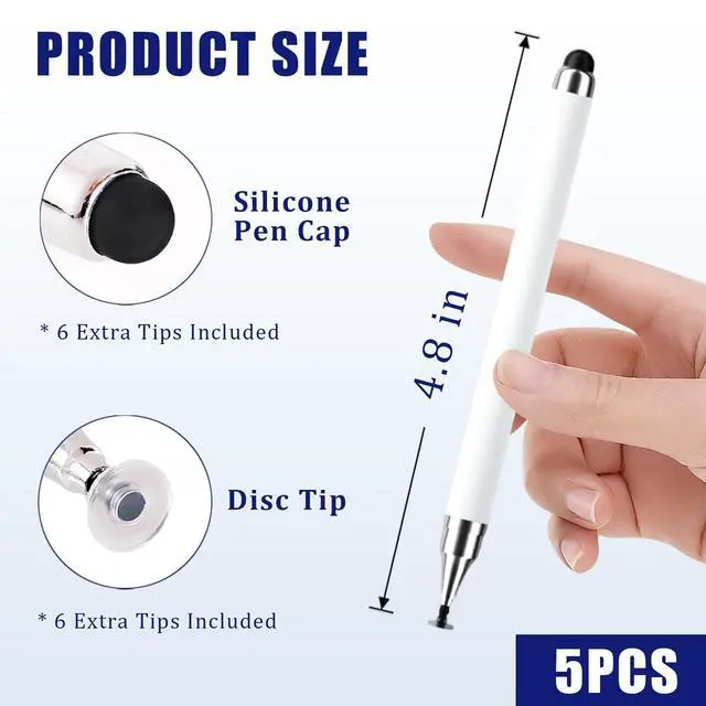 Alt view image 2 of 6 - 5 Pcs Stylus Pen, 2-in-1 Stylus for Touch Screen, High Precision & Sensitivity, Fit for Phones & Tablets, with 6 Rubber Tips & 6 Disc Tips (White/Silver/Black/Rose Gold)