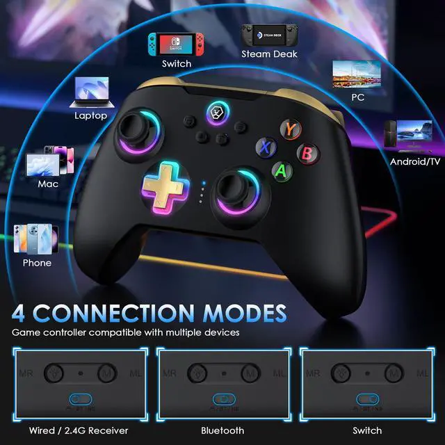 Alt view image 2 of 7 - Wireless PC Controller with Hall Effect Joystick, 2.4G Wireless & Wired 1000Hz Polling Rate, Turbo & Dual Vibration, RGB Lighting, Gaming Controller for PC/Switch/iOS/Android, Black