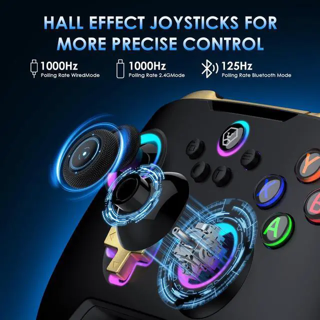 Alt view image 4 of 7 - Wireless PC Controller with Hall Effect Joystick, 2.4G Wireless & Wired 1000Hz Polling Rate, Turbo & Dual Vibration, RGB Lighting, Gaming Controller for PC/Switch/iOS/Android, Black
