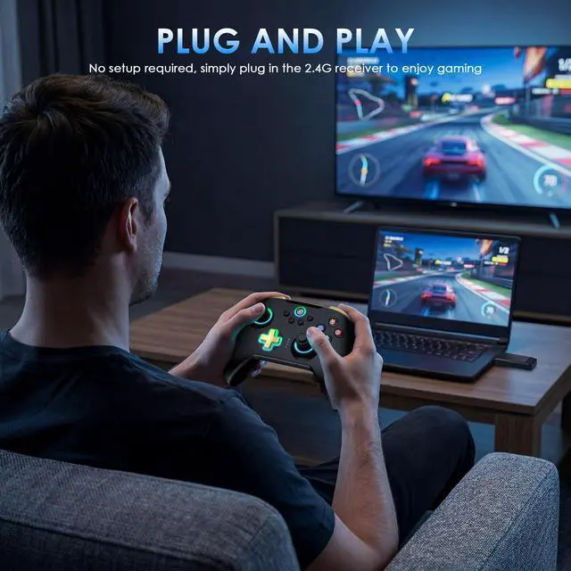 Alt view image 7 of 7 - Wireless PC Controller with Hall Effect Joystick, 2.4G Wireless & Wired 1000Hz Polling Rate, Turbo & Dual Vibration, RGB Lighting, Gaming Controller for PC/Switch/iOS/Android, Black