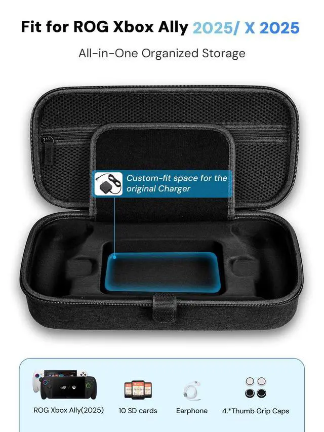 Alt view image 4 of 7 - Carrying Case for ROG Ally & Ally X 2025 | Portable Travel Gaming Handheld Bag with 2 Screen Protectors, 4 Thumb Grips, 10 SD Card Slots, Black