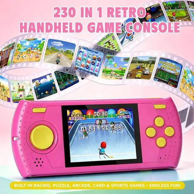 Alt view image 2 of 7 - Handheld Game for Kids, Portable Video Gaming Player with 230 Classic Games, Rechargeable Travel Mini Arcade, 3.0'' HD Screen Electronic Toys for Boys Girls, Ideal Road Trip & Air Travel Gifts (Pink)