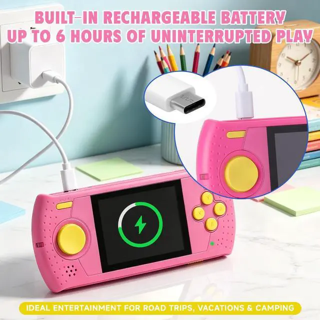 Alt view image 4 of 7 - Handheld Game for Kids, Portable Video Gaming Player with 230 Classic Games, Rechargeable Travel Mini Arcade, 3.0'' HD Screen Electronic Toys for Boys Girls, Ideal Road Trip & Air Travel Gifts (Pink)
