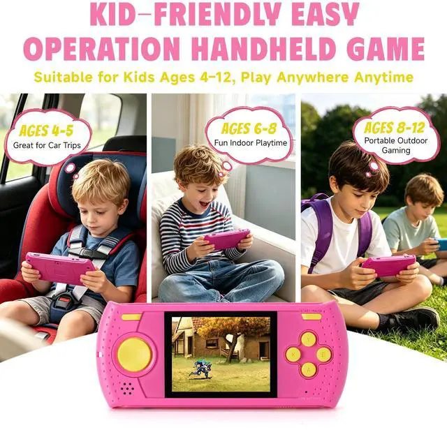 Alt view image 6 of 7 - Handheld Game for Kids, Portable Video Gaming Player with 230 Classic Games, Rechargeable Travel Mini Arcade, 3.0'' HD Screen Electronic Toys for Boys Girls, Ideal Road Trip & Air Travel Gifts (Pink)