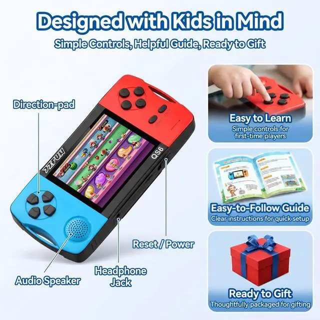 Alt view image 4 of 7 - Handheld Games for Kids with 3.5" IPS Large Screen Built-in 216 Retro Video Games Portable Gaming Player with Rechargeable Battery Mini Arcade Electronic Toy Gifts for Boys Girls (Blue+Red)