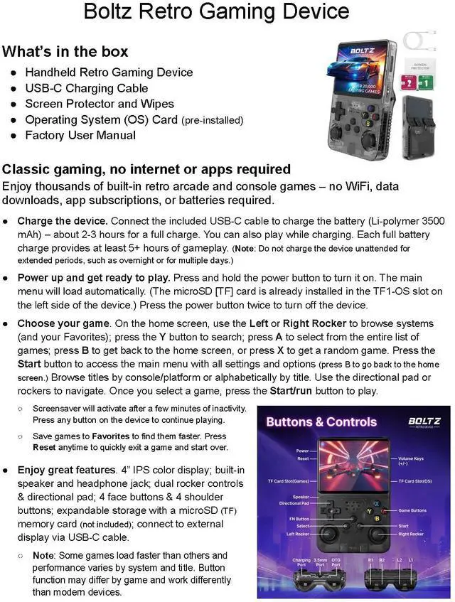 Alt view image 4 of 7 - Boltz Retro Handheld Game Console with 20,503 Built-in Games, 3.75" IPS