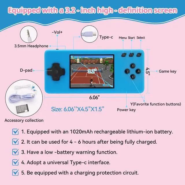 Alt view image 3 of 7 - 32 Bit Handheld Game Console for Kids Adults, Preloaded 300 Retro Video Games, 3.0" Color Display Rechargeable Portable Gaming Player, Mini Electronic Travel Toy Gift for Boys Girls