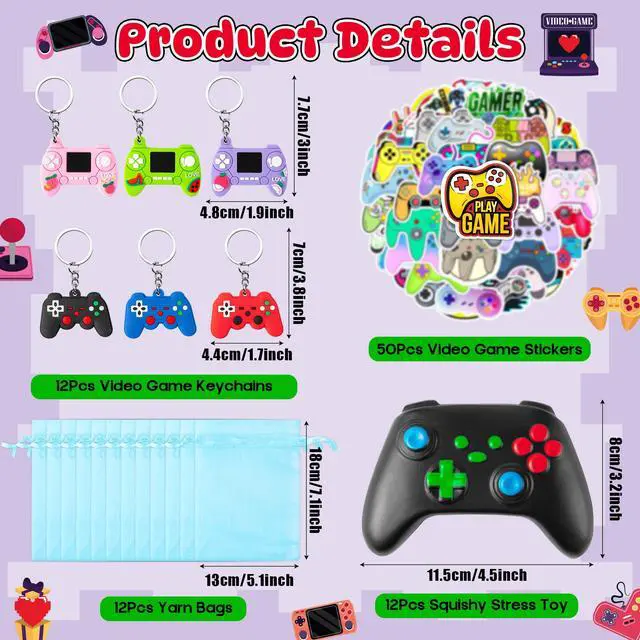 Alt view image 2 of 6 - Video Game Squishy Toy Gift Set - 12 Pack Video Game Handle Party Favors with Gaming Stress Toys Stickers Arcade Keychains and Bags for Kids Birthday Party Supplies Classroom Reward Gamer Gift