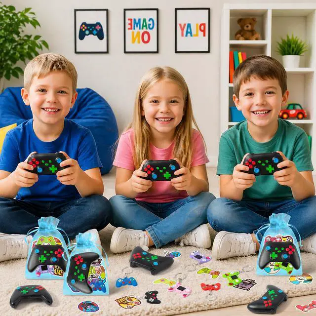 Alt view image 4 of 6 - Video Game Squishy Toy Gift Set - 12 Pack Video Game Handle Party Favors with Gaming Stress Toys Stickers Arcade Keychains and Bags for Kids Birthday Party Supplies Classroom Reward Gamer Gift