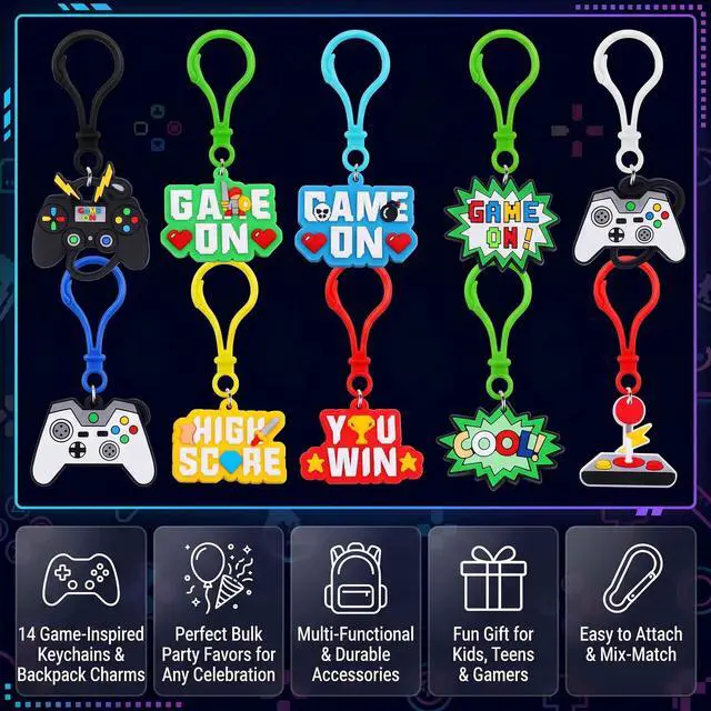Alt view image 3 of 7 - Gamer Themed Keychain Charms 14pcs Game Controller Keyrings & Backpack Charms Party Favors, Birthday Party Favors, Bulk Treasure Box Prizes for Kids & Teens