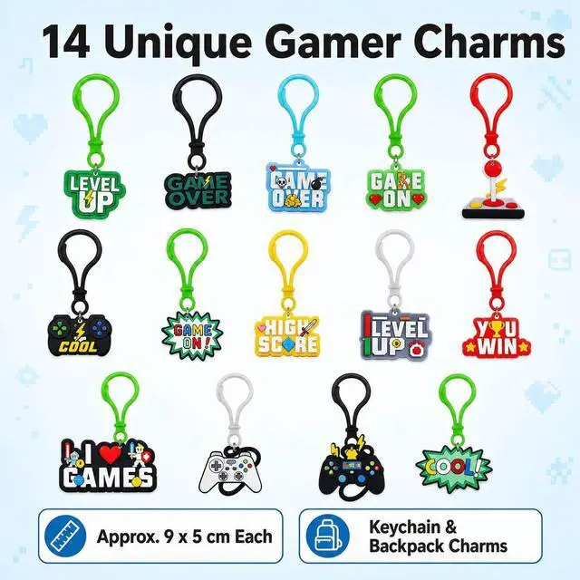 Alt view image 4 of 7 - Gamer Themed Keychain Charms 14pcs Game Controller Keyrings & Backpack Charms Party Favors, Birthday Party Favors, Bulk Treasure Box Prizes for Kids & Teens
