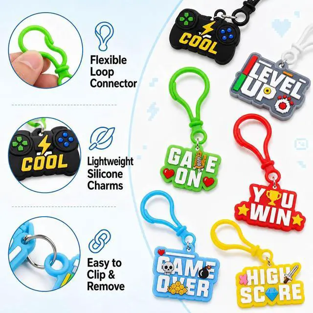 Alt view image 5 of 7 - Gamer Themed Keychain Charms 14pcs Game Controller Keyrings & Backpack Charms Party Favors, Birthday Party Favors, Bulk Treasure Box Prizes for Kids & Teens