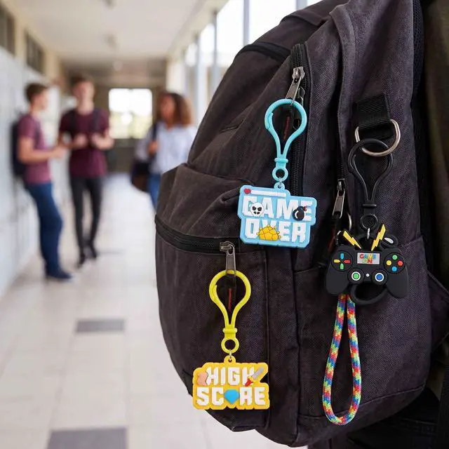 Alt view image 6 of 7 - Gamer Themed Keychain Charms 14pcs Game Controller Keyrings & Backpack Charms Party Favors, Birthday Party Favors, Bulk Treasure Box Prizes for Kids & Teens