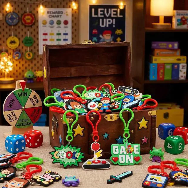 Alt view image 7 of 7 - Gamer Themed Keychain Charms 14pcs Game Controller Keyrings & Backpack Charms Party Favors, Birthday Party Favors, Bulk Treasure Box Prizes for Kids & Teens