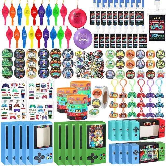 Main image of 195pcs Video Game Party Favors for 18 Kids Gamer Goodie Bag Stuffers for Boys Gaming Birthday Party Supplies with Gift Boxes, VIP Pass, Balloons, Bracelets, Keychains, Badges, 3D Stickers