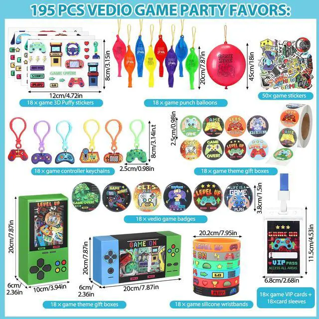 Alt view image 2 of 7 - 195pcs Video Game Party Favors for 18 Kids Gamer Goodie Bag Stuffers for Boys Gaming Birthday Party Supplies with Gift Boxes, VIP Pass, Balloons, Bracelets, Keychains, Badges, 3D Stickers