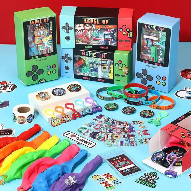 Alt view image 3 of 7 - 195pcs Video Game Party Favors for 18 Kids Gamer Goodie Bag Stuffers for Boys Gaming Birthday Party Supplies with Gift Boxes, VIP Pass, Balloons, Bracelets, Keychains, Badges, 3D Stickers