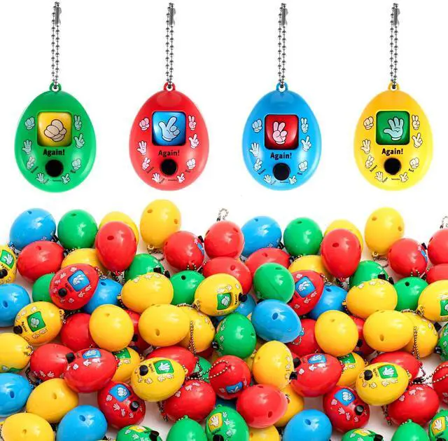 Main image of 100 Pcs Rock Paper Scissors Random Toy 2 x 1.5 Inch Mini Random Rock Paper Scissors Game Egg Toy Keychain Prop for Party Favor Goodie Bag Stuffer Gift, 4 Color, No Battery Needed (Bright)